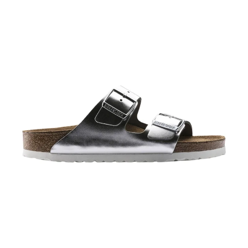 Men's sandals with a leather lining for comfortBrikenstock Arizona Soft Footbed Sandal - Metallic Silver Men's sandals with a leather lining for comfortBrikenstock Arizona Soft Footbed Sandal - Metallic Silver