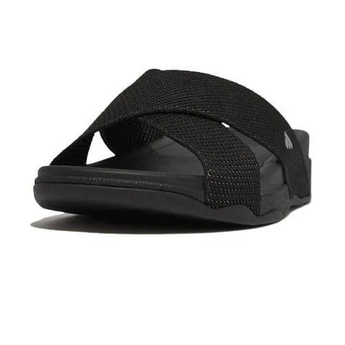 Men's sandals with a contrast stitching detailFitFlop Men's Surfer Two-Tone Webbing Cross Slides - Black Men's sandals with a contrast stitching detailFitFlop Men's Surfer Two-Tone Webbing Cross Slides - Black