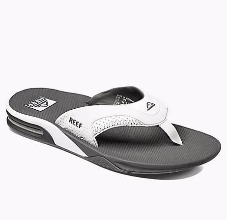 Men's sandals with a decorative buckle or charmReef Mens Fanning Grey White Sandal 2026 GRW Men's sandals with a decorative buckle or charmReef Mens Fanning Grey White Sandal 2026 GRW