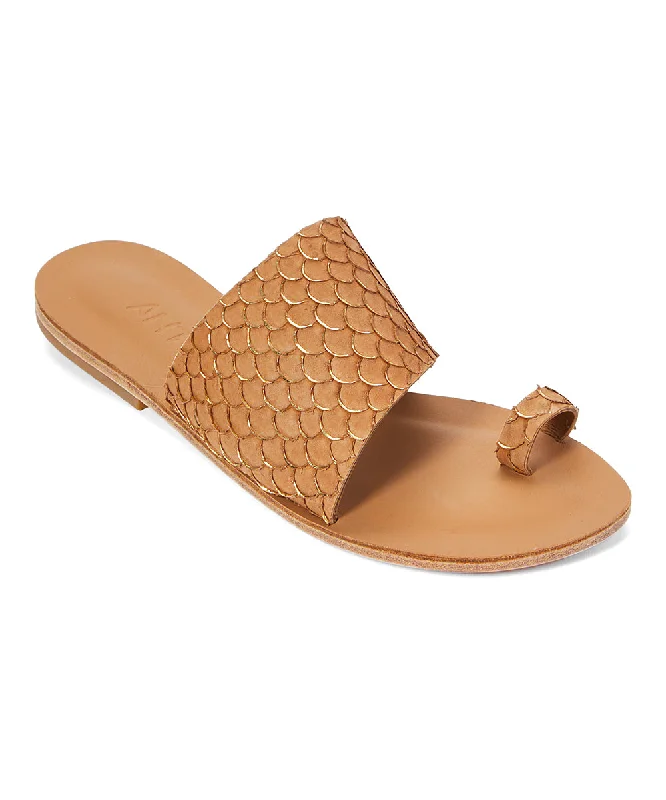 Men's sandals with a decorative buckle or charmWilshire Blvd - Classic Slide with Toe Loop And Real Fish Scale Leather | Tan Men's sandals with a decorative buckle or charmWilshire Blvd - Classic Slide with Toe Loop And Real Fish Scale Leather | Tan