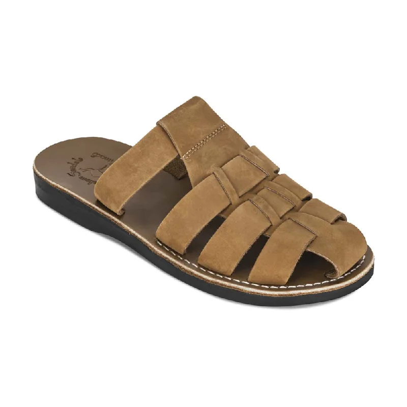 Men's sandals with a decorative buckle or charmMichael Slide - Leather Pacific Slide Sandal | Tan Nubuck Men's sandals with a decorative buckle or charmMichael Slide - Leather Pacific Slide Sandal | Tan Nubuck