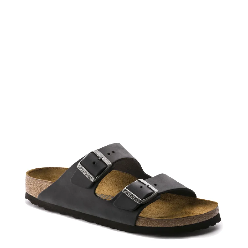 Men's sandals with a stretchy strap for a better fitBirkenstock Arizona Oiled Leather Soft Footbed Sandal in Black Men's sandals with a stretchy strap for a better fitBirkenstock Arizona Oiled Leather Soft Footbed Sandal in Black