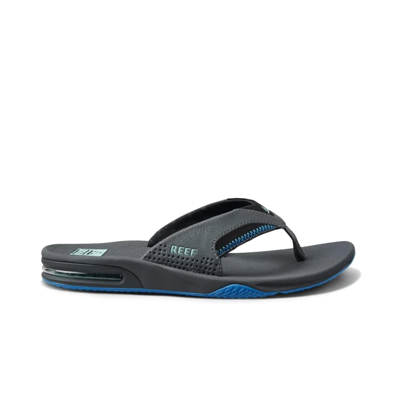 Men's leather sandals with an adjustable strapReef Men's Fanning Flip Flops - Gunmetal/Ocean Men's leather sandals with an adjustable strapReef Men's Fanning Flip Flops - Gunmetal/Ocean