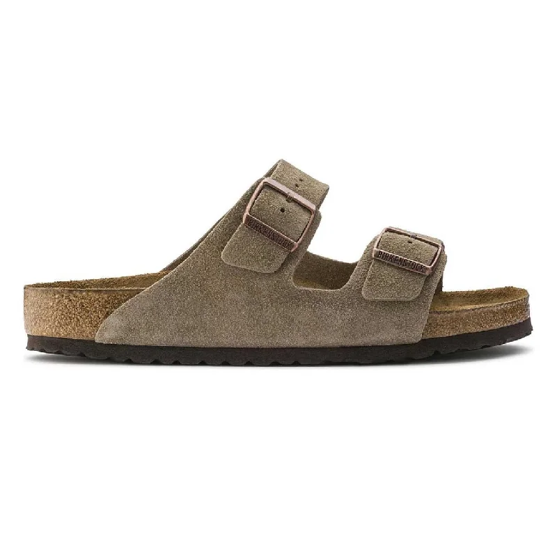 Men's sandals with a perforated leather upper for ventilationBirkenstock Men's Arizona Soft Footbed Taupe Suede Men's sandals with a perforated leather upper for ventilationBirkenstock Men's Arizona Soft Footbed Taupe Suede