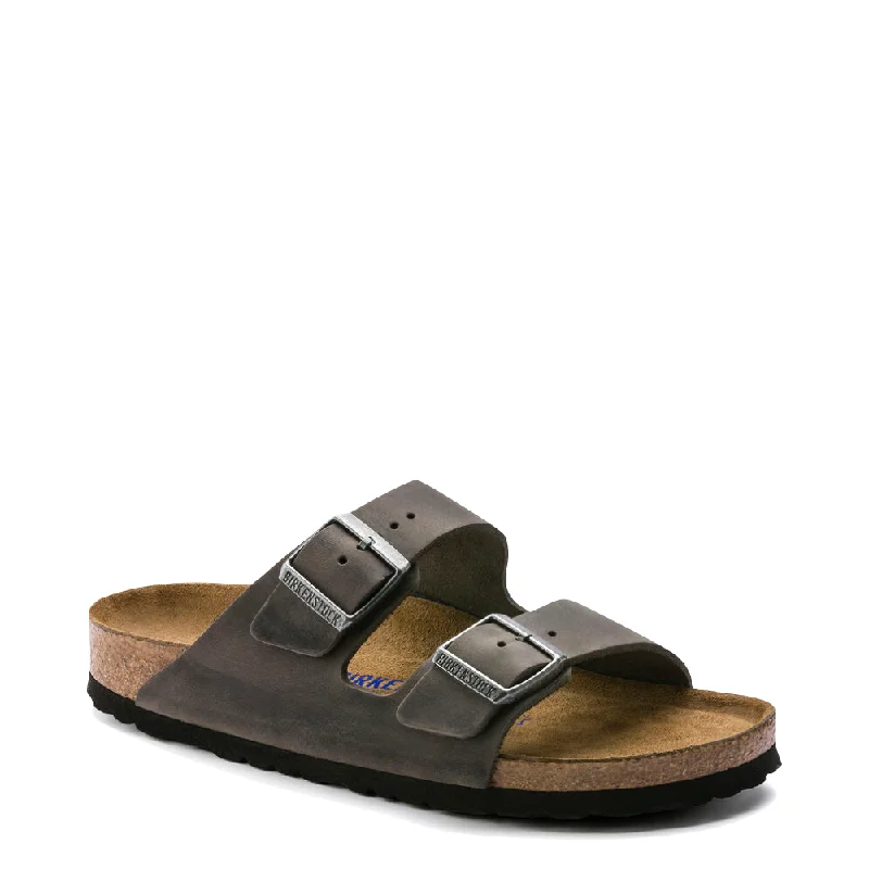 Men's leather sandals with an adjustable strapBirkenstock Arizona Oiled Leather Soft Regular Footbed Sandal in Iron Grey Men's leather sandals with an adjustable strapBirkenstock Arizona Oiled Leather Soft Regular Footbed Sandal in Iron Grey