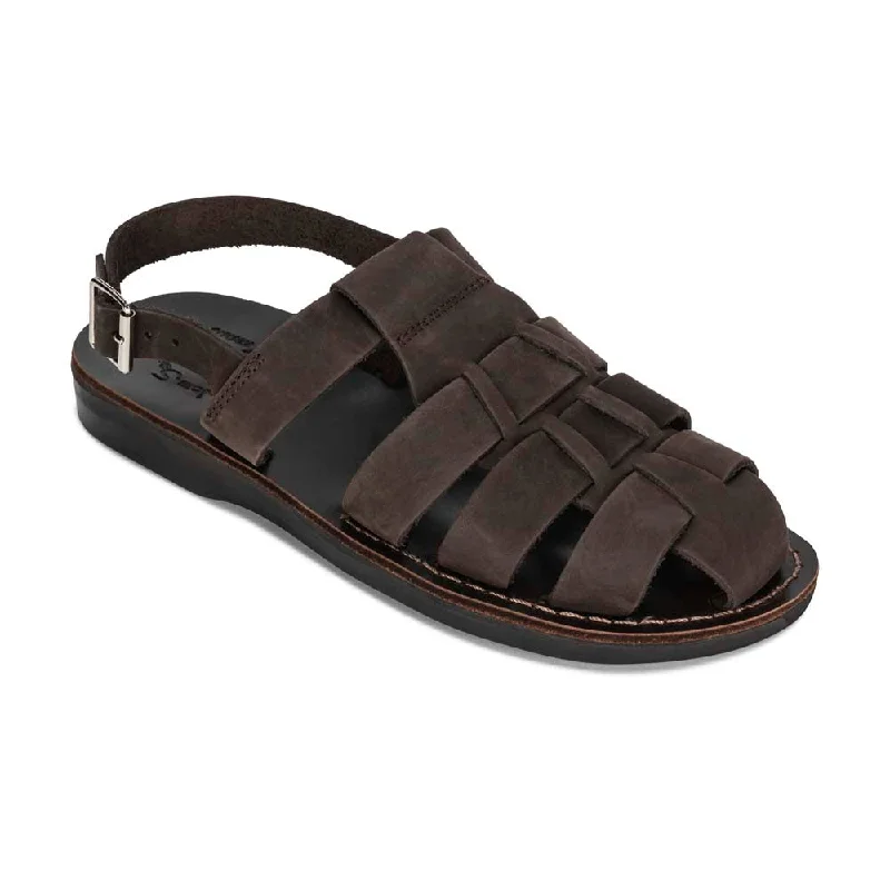Men's sandals with a perforated leather upper for ventilationMichael - Closed Toe Leather Fisherman Sandal | Brown Nubuck Men's sandals with a perforated leather upper for ventilationMichael - Closed Toe Leather Fisherman Sandal | Brown Nubuck