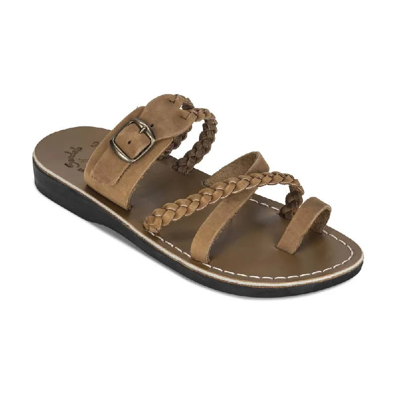 Men's sandals with a wide strap for supportSophia Buckle - Leather Braided Slide Sandal | Tan Nubuck Men's sandals with a wide strap for supportSophia Buckle - Leather Braided Slide Sandal | Tan Nubuck