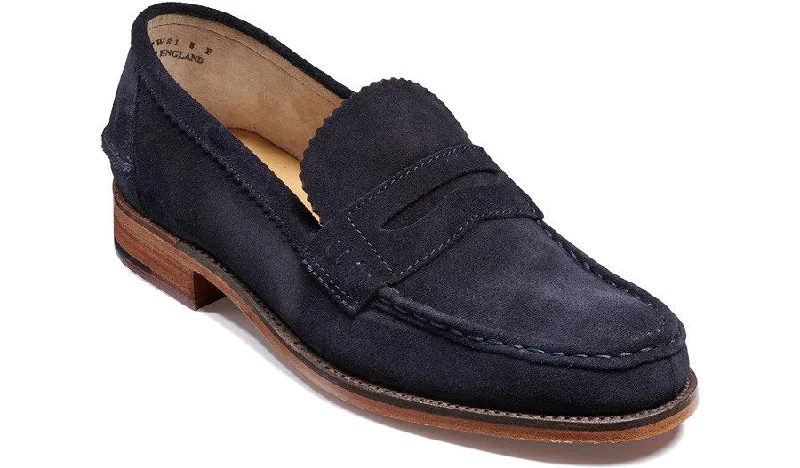 Men's loafers with a perforated leather upper for ventilation Men's loafers with a perforated leather upper for ventilation Barker Caruso Classic Penny Loafer - Navy Suede Men's loafers with a perforated leather upper for ventilation Men's loafers with a perforated leather upper for ventilation Barker Caruso Classic Penny Loafer - Navy Suede